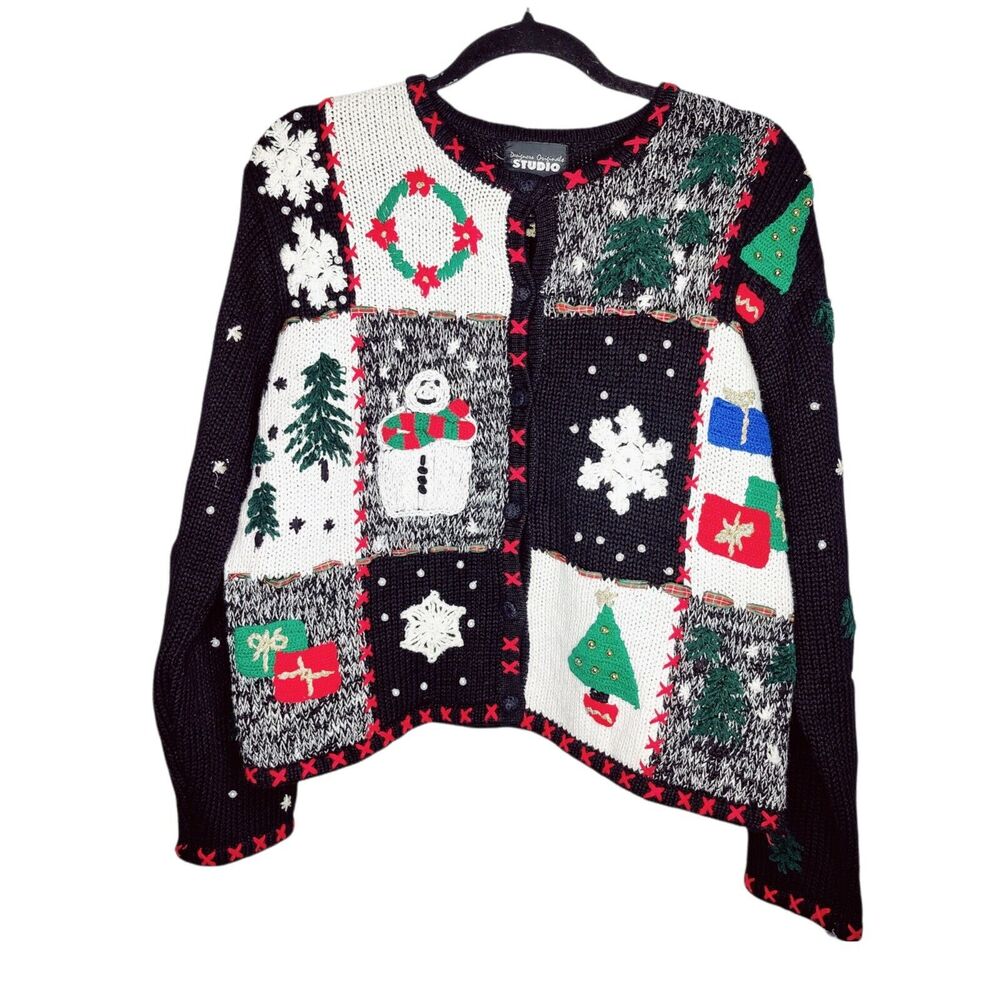 Womens Size Medium Chunky Knit Quilt Ugly‎ Christmas Sweater Cardigan Snowman